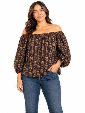 MNG Boho Off Shoulder Peasant Top Floral Puff Sleeve Cottagecore Blouse Med